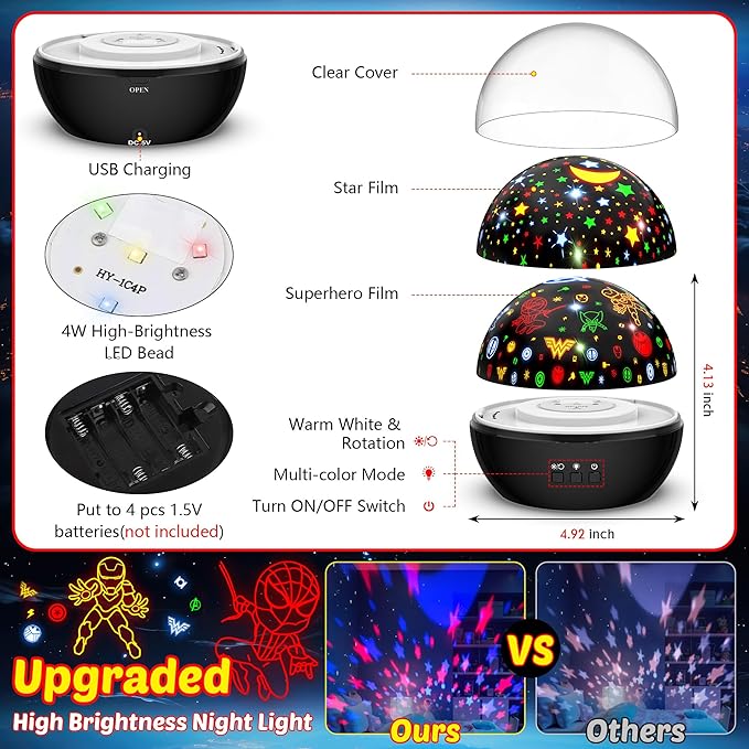 MOKOQI Super Hero Night Light for Boys | Spiderman Night Light and Star Projector 2-in-1 | Avengers Light Projector for Kids Bedroom Decor | Superhero Toys Gifts for Boys 4-6