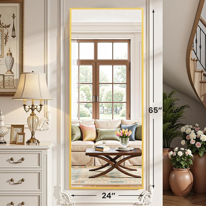 OLIXIS Full Length Mirror for Bedroom, 65"x24" Full Body Mirror with Stand, Hanging or Leaning for Wall, Aluminum Alloy Thin Frame Floor Standing for Living Room, Long, Gold