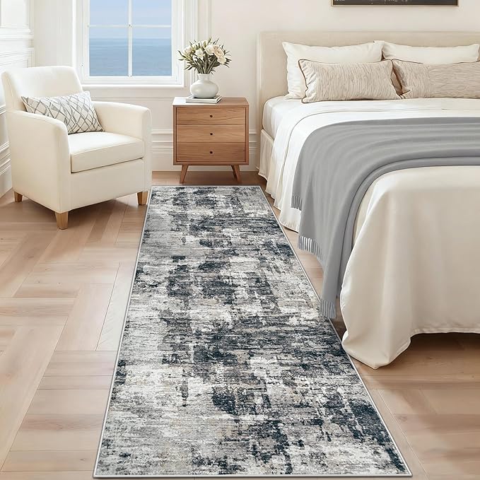 XLUEZ 2x7 Runner Rug for Hallway, Washable Modern Abstract Runner Rugs Neutral Soft Non Slip Kids Rug Stain Resistant Indoor Runners for Entryway Bedroom Kitchen Laundry Room(BlackGrey, 2'x7')