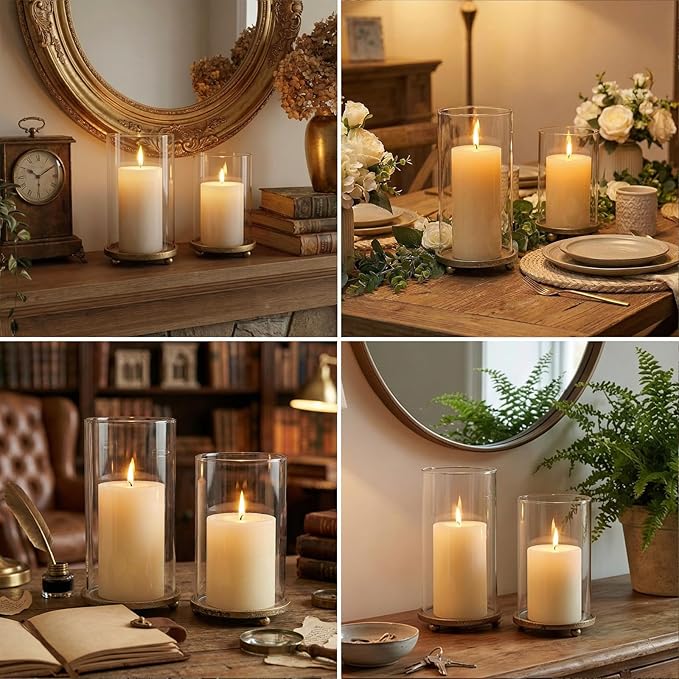 Hurricane Candle Holders Set of 2 - Pillar Candle Stands with Glass Sleeves for Fireplace Mantel & Dining Table Centerpiece Decor (Gold)
