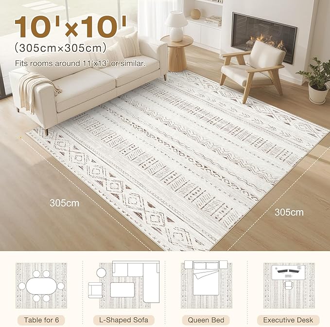 cotiled 10x10 Area Rug Living Room: Washable Boho Rugs with Non Slip Backing Large Soft Indoor Stain Resistant Carpet for Bedroom Farmhouse Dining Room Lightweight Home Decor L Brown/Cream