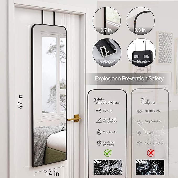 SCWF-GZ 47x14 Mirror Full Length Door Hanging Wall Mounted Aluminum Alloy Metal Frame Dressing Make-up Save Space Half Body Mirrors for Entryway Bedroom Bathroom Living Room 47 inch Black