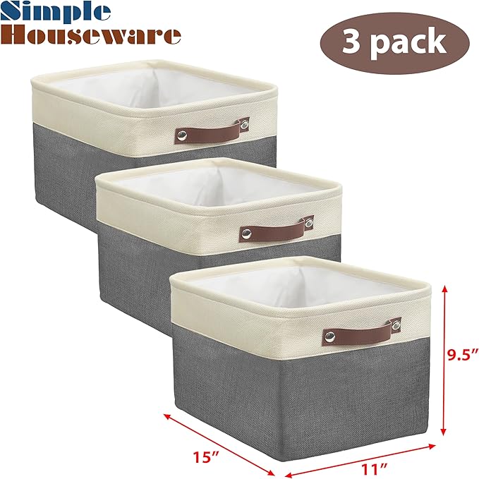 Simple Houseware Large Fabric Storage Bin, 15" x 11" with Leather Like Handles, 3 Pack, Dark Gray