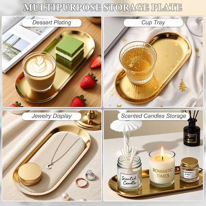 SUTOKAKA 2 Pack Stainless Steel Gold Decorative Tray, Small Oval Perfume Jewelry Trinket Dish, Candle Key Manicure Tools Metal Placing Plate, Bathroom Vanity Trays for Dresser Counter