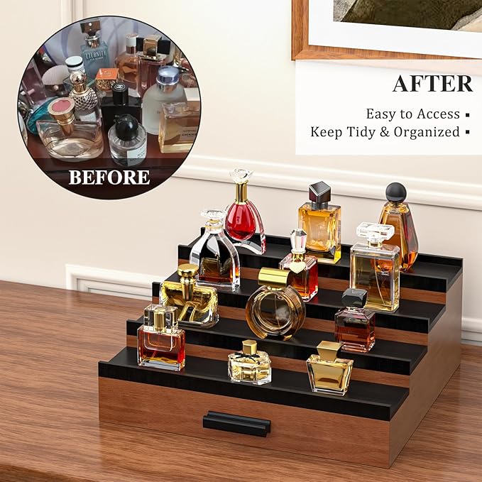 Vdamu Cologne Organizer for Men,4 Tier of Elevated Cologne Display Stand with Drawer Storage,Ladder Cologne Display,Perfume Organizer and Storage Display Risers,Great Gift for Men (Walnut Black)