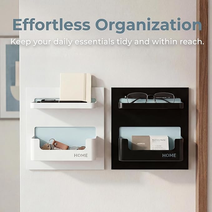 Bedside Shelf with Strong Sticky Gel,Wall Mount Organizer Holder for Cell Phone,Glasses,Remote,Keys,Adhesive Wall Shelves for Bedroom,Bathroom, Kitchen,No Drill Space Saver (Horizontal Type/Black)