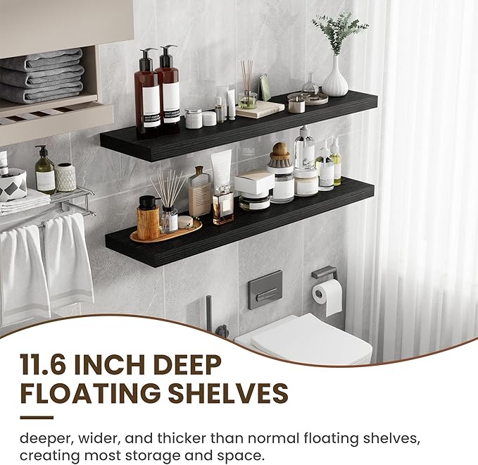 Acovy 48 Inch Floating Shelves, 12 Inch Deep Floating Shelves for Wall, Floating Shelf with Invisible Brackets, Deep Shelves for Bathroom, Bedroom, Living Room, 1 Pack, Black