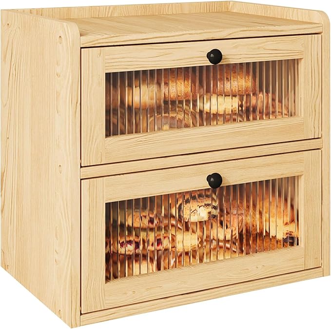 Alpeir Double Layer Large Bread Box for Kitchen Counter, Wooden Corner Bread Storage Container with Acrylic Window, Original