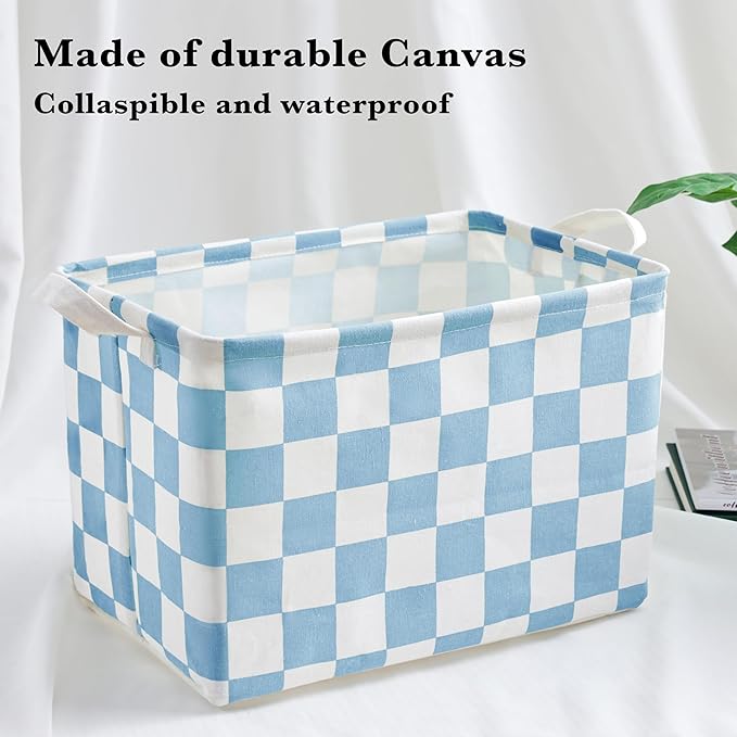Ohocut Blue Checkered Canvas Basket, Rectangular Organizing Decorative Storage Basket for Kids, Dog Toy, Cute Aesthetic Boys Room Decor for Home, Kitchen, Bedroom, Classroom, Shelves