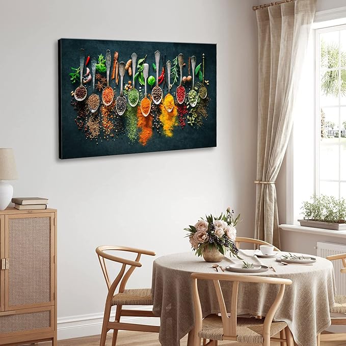 Framed Large Kitchen Wall art Pictures Decor Couful Spice in Spoon Vintage Canvas Wall Art Food Photos Painting On Canvas Home Decoration Gift Ready to Hang 24x36inch