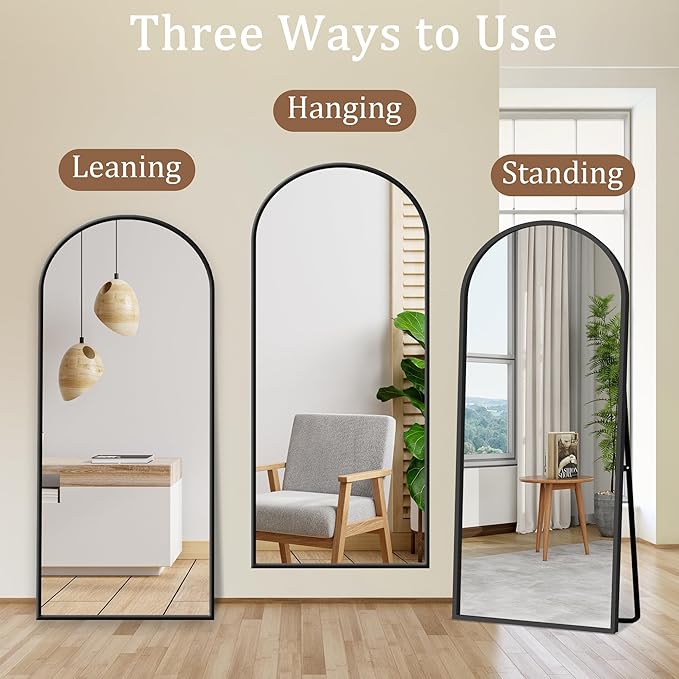 GlasFlength Full Length Mirror with Stand, 64"x21" Arched Full Body Mirror with Aluminum Alloy Frame, Wall-Mounted/Leaning Against Wall/Standing Floor Mirror for Bedroom, Living Room, and Entryway