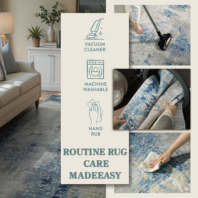 Lahome Modern Abstract Living Room Rug, Washable 8x10 Area Rugs for Bedroom Stain Resistant Non Slip, Large Blue Soft Indoor Carpet for Dining Room Table Apartment, Blue/Grey