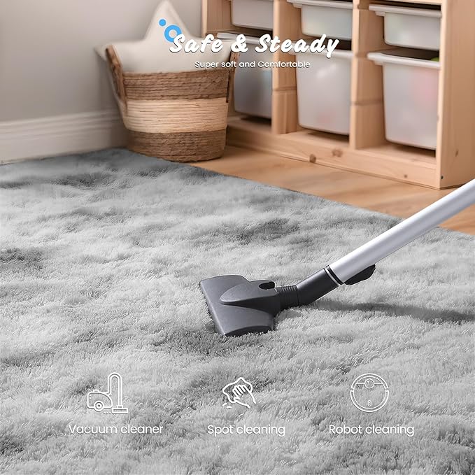 Modern Soft Fluffy Small Shaggy Rug for Bedroom Livingroom Dorm Kids Room Indoor Home Decorative, Non-Slip Plush Furry Fur Area Rugs Comfy Nursery Accent Floor Carpet 9X11 Feet, Tie-Dyed White Grey