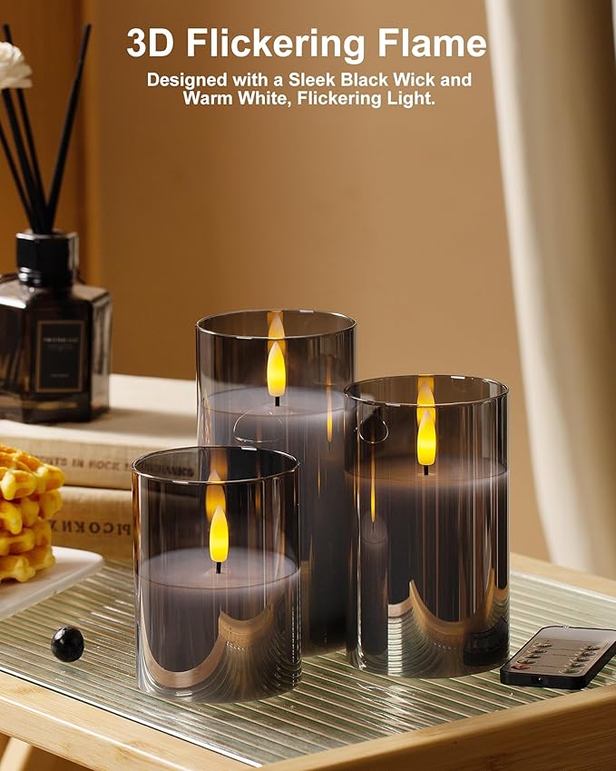 Stmarry Glass Flameless Candles with Remote and Timer, Flickering Real Wax LED Pillar Candles Battery Operated with 3D Flickering Flame - 3" x 4",5",6" - Set of 3 (Gray)