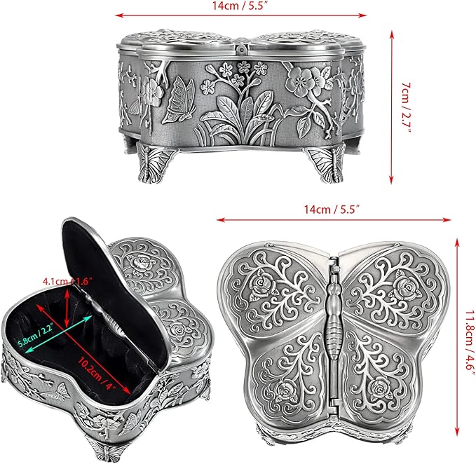 Hipiwe Antique Metal Jewelry Box Butterfly Shape Jewelry Organizer Vintage Trinket Storage Box Treasure Chest Ring Holder Earrings Necklace Storage Box Decorative Metal Box for Women, Large