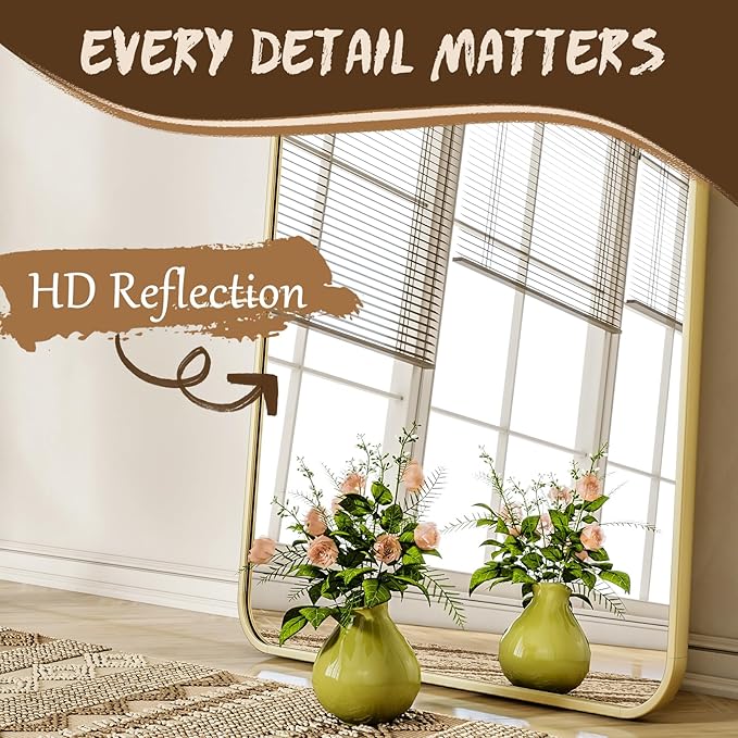 XRAMFY 56"x21" Floor Full Length Mirror Standing Full Body Rounded Corner Rectangle Mirrors with Stand Hanging Wall Mounted Leaning Bedroom Living Room Bedroom Cloakroom,Gold