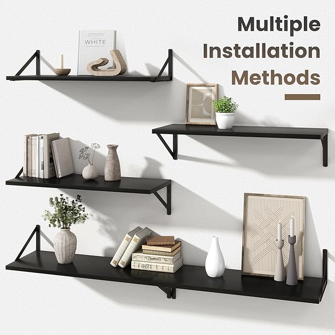Marsmiles 30 Inch Floating Shelves | 12 Inch Deep Black Wall Shelves Set of 2 | 30" W x 12" D Rustic Black Wood Floating Shelves for Living Room Bedroom Bathroom