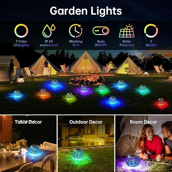 WSgift Color Changing Solar Powered Glass Mosaic Ball Led Garden Lights Rechargeable Outdoor Waterproof Solar Night Lights Table Lamps for Decorations Blue