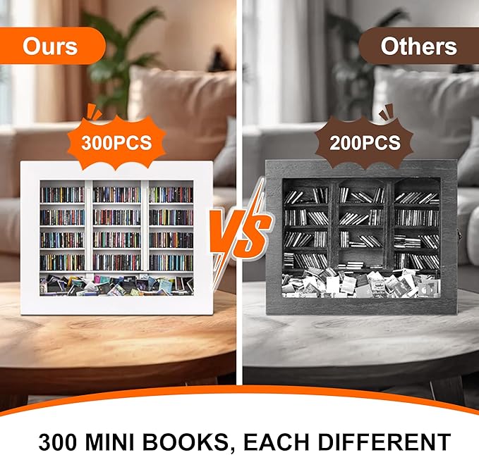 Anxiety Mini Bookshelf Mini Books with 300PCS Mini Bookshelf Shake Away Your Anxiety Wooden Miniature Book Library for Stress Relief, Home and Office Decor, Unique Gift for Book Lovers - White