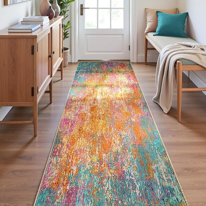 RELEANY Washable Area Rugs 2'x8' Non-Slip Modern Abstract Soft for Living Room Entryway Bedroom Nursery, Print Pattern, Orange Blue Pink Yellow Colorful