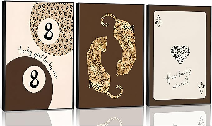3pcs Trendy Leopard Canvas Wall Art Funky Lucky 8 Ball Posters Prints Preppy Room Aesthetic brown Cheetah Prints Wall Decor Pictures for living room Bedroom Dorm Apartment Unframed
