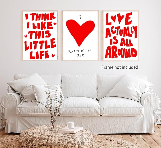 3Pcs Trendy Red Preppy Canvas Wall Art Inspirational Love Quotes Wall Decor Love Is All Around Painting Pictures Vintage Valentine Poster Prints for Girl Apartment Home Aesthetic Decoration unframed