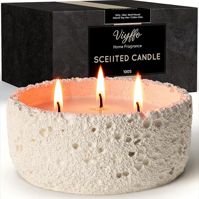 Viyffo 20oz Large Scented Candle - Lemongrass & Bergamot, 3 Wick Home Scented Candle, Non Toxic Soy for Women and Men, Ivory White Textured Ceramic Jar, Luxury Fragrance, Elegant Home Décor & Gift