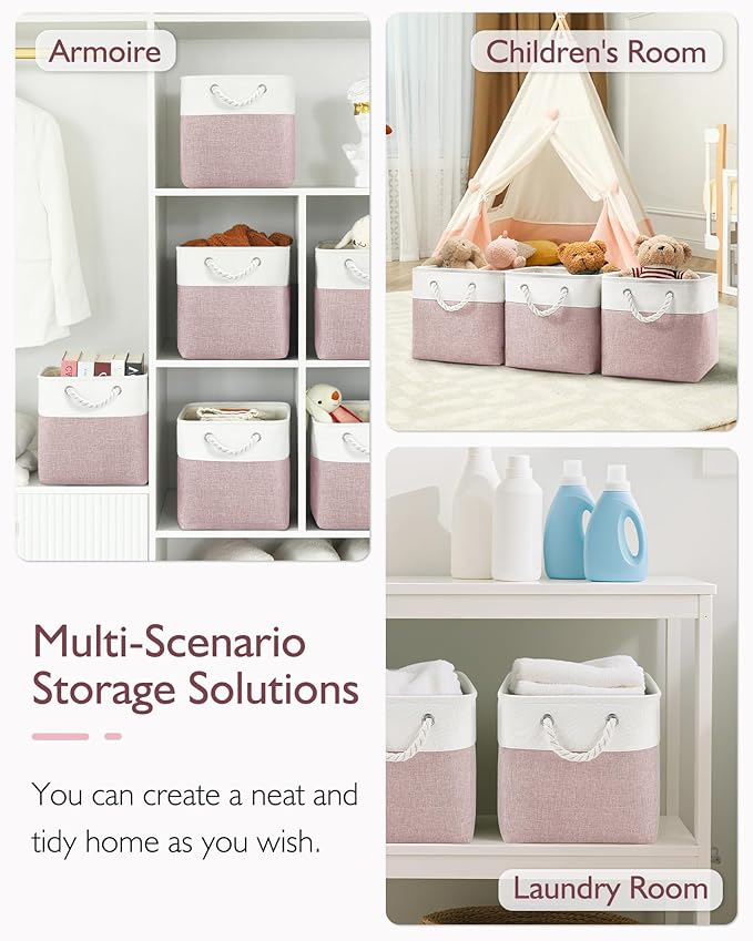 Patvingot 11 Inch Cube Storage Bins, 6 Pack Fabric Storage Cubes with Rope Handles, Organizer Baskets for Closet Shelves, Clothes and Home Organization(White/Pink)