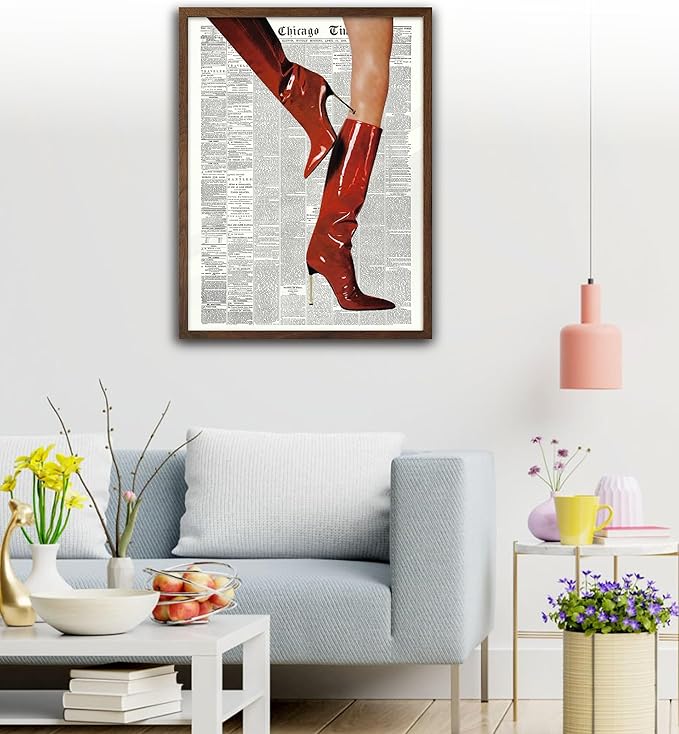 EcoHest Trendy Newspaper Red Boots Framed Wall Art, 12x16 in Walnut Color OAK Wood Fashion Icon Canvas Wall Art, Magazine Retro Home Decor, Set of 1 for Bedroom Living Room