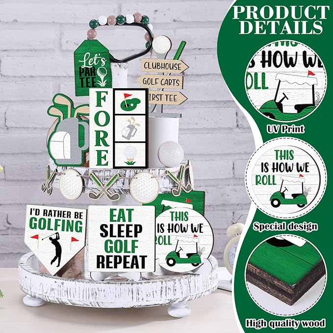 FairySandy 13 Pcs Golf Tiered Tray Decoration Wooden Golf Table Centerpieces Decor Rustic Wooden Sport Game Sign for Fans Ball Theme Party Supplies
