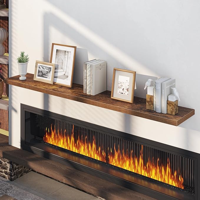 Fun Memories 72 Inch Floating Shelves, 12 Inch Deep Wall Shelf for Fireplace Mantel, Rustic Brown Deep Storage Shelves for Home & Office, Long Floating Shelf with Invisible Bracket, Set of 2
