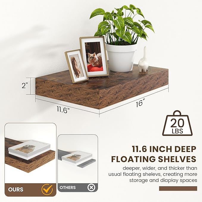 FLYJOE 12 Inch Deep Floating Shelves | 16 Inch Brown Floating Shelves Set of 2 | 16W x 12D Rustic Shelves for Wall | Deep Wood Shelves for Living Room Bathroom Kitchen Bedroom