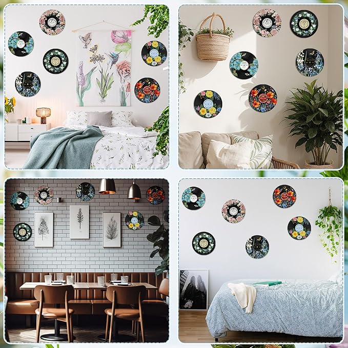 Chunful 6 Pake 12 Inch Vintage Records Wall Decor Aesthetic Retro Record Wall Decor for Dorm Bedroom Living Room Art Display Rock and Roll Music Hippie Party Records Decorations (Floral)