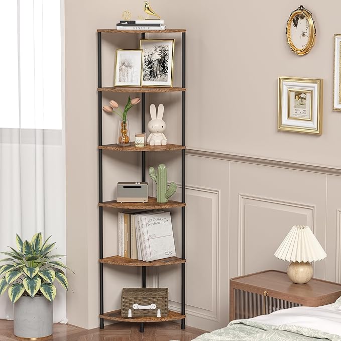 Corner Plant Stand Shelf, 6 Tier Tall Shelf for Indoor Plants, Rustic Brown Corner Bookshelf Wall Decor Living Room, 54.4" Display Shelves for Bedroom, Bathroom, Small Space