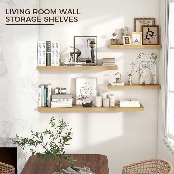 Venusmiles Floating Shelves for Wall 24 inch Long, Engineered Wood Wall Shelves with Invisible Brackets for Living Room Bedroom Bathroom Office Kitchen Decor and Storage, Oak Finish, Set of 2