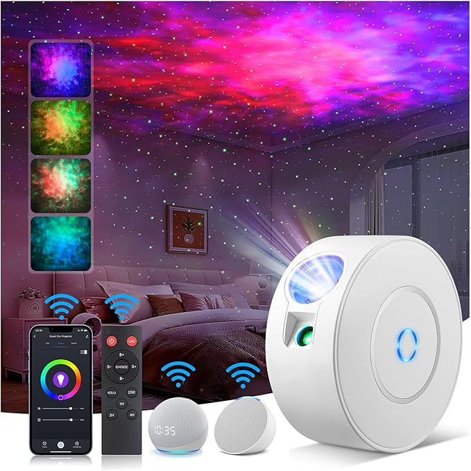 Laser Safety Certified Star Projector, Galaxy Projector with Smart App & Voice Control, 900 Sq.ft Coverage, 4 Custom Scenes, 25dB Silent Operation with 4 Positioning Angles