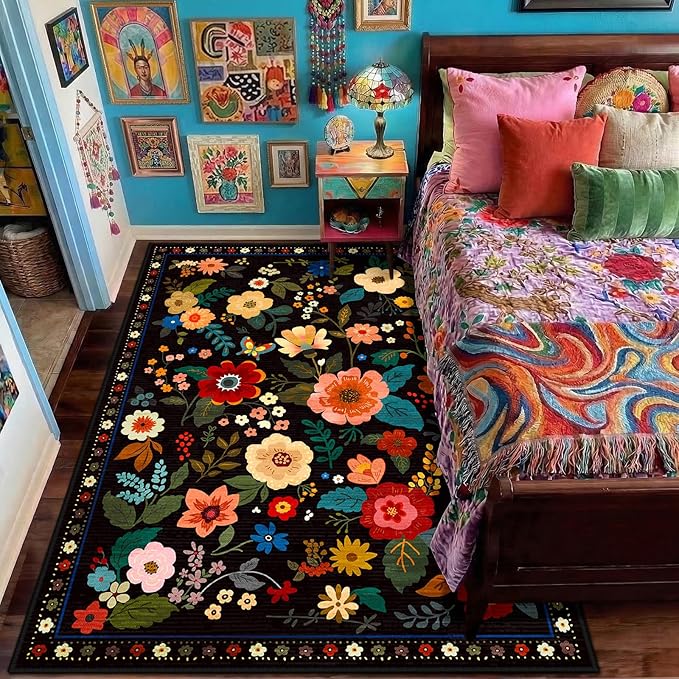 RELEANY Floral Nursery 4x6 Area Rugs Washable Print Boho Cute Carpet Non Slip Flower Low Pile for Living Room Kids Girls Playroom Bedroom Kitchen Office Farmhouse-Black