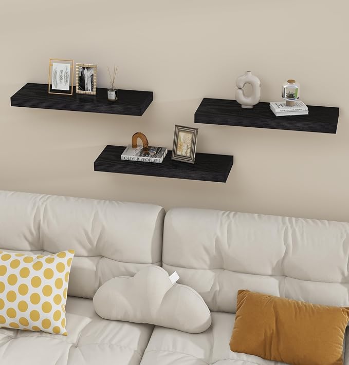 Vervida® 3 Pack Black Floating Shelves,24" W x 7.9" D x 1.5" H, Holds Up to 37 Lbs, Ideal for Living Room, Bedroom, Bathroom, Kitchen, Office, Storage, Display, with Invisible Brackets Wall Shelves
