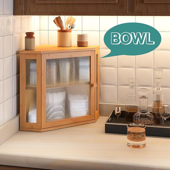 viewcare Corner Bread Box for Kitchen Counter, Bamboo Wood Large Capacity Bread Storage Bin with Acrylic Wavy Door Panel (Natural, Meduim)