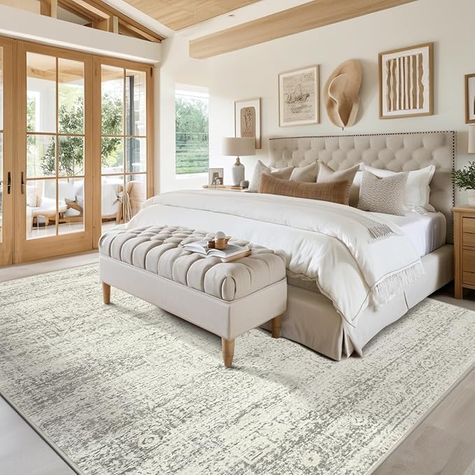 Srugn Washable Rugs 9x12 Area Rugs for Living Room,Bedroom,Dining Room- Large Ultra Soft Faux Wool Retro Carpets,Non Slip&Non-Shedding Low Pile Vintage Print Rug for Home Office Decor- Beige