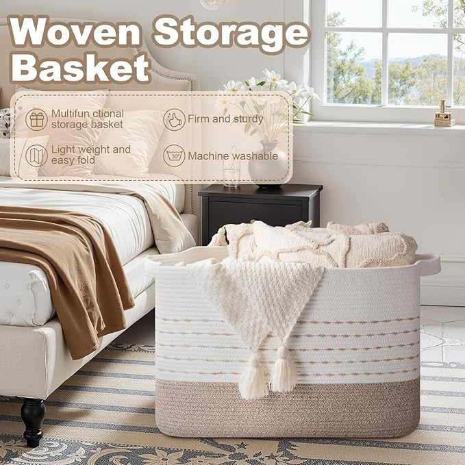 OIAHOMY 108L Extra Large Blanket Basket, 25”x16”x16” Rectangle Woven Cotton Rope Baskets for for Living Room, Toy Storage with Handle- Gradient Light Brown