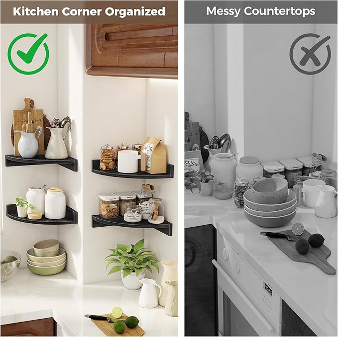 Corner Shelves 3-Pack for Bathroom & Kitchen, Space-Saving Floating Corner Wall Shelf with Easy Installation- Black