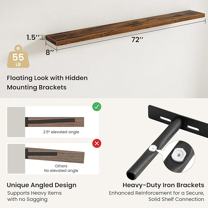 Fun Memories Floating Shelves for Wall, Rustic Wood Wall Mounted Shelves for Bathroom, Bedroom, Living Room and Kitchen, Storage & Home Decor (Set of 2, Brown, 72 in)