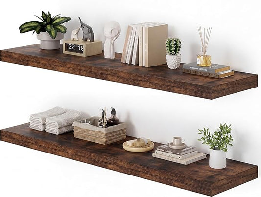 Heimlove 48W x 12D Long Floating Shelf, 12 Inch Deep Floating Shelves for Wall Set of 2, Wood Shelves for Bedroom Living Room Bathroom Kitchen Home Office, Rustic Brown