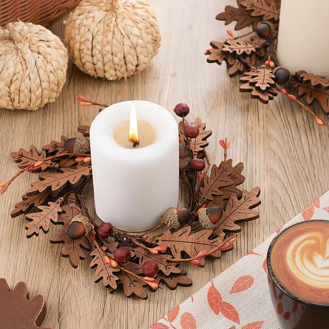 Daifunli 2 Pcs Fall Thanksgiving Candle Rings Maple Oak Leaves Acorn Vintage Wood Wreath for Pillar 3.9 Inch Candles Holder for Autumn Fall Thanksgiving Winter Christmas Rustic Table Centerpiece Decor