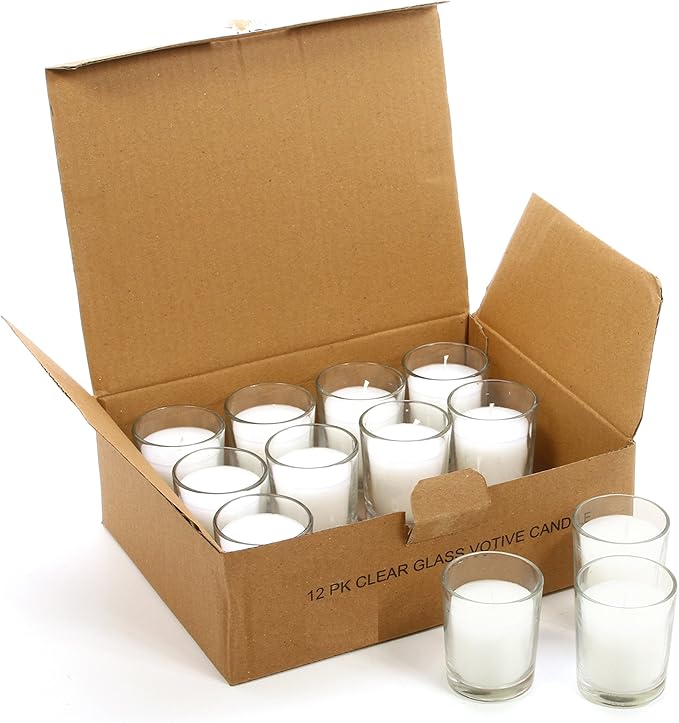 Hosley Set of 12 White Unscented Votive Candles in Clear Glass Holders - Hand Poured Soy Wax, 10-12 Hour Burn Time for Weddings & Home Decor