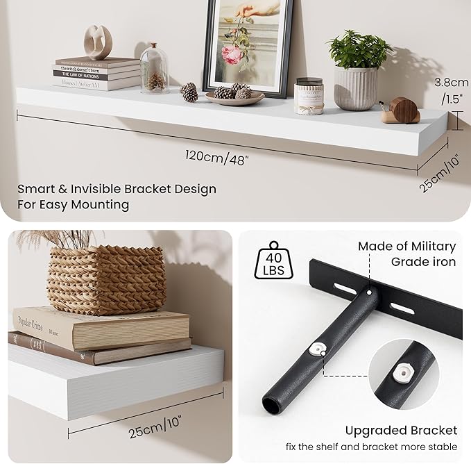 Fun Memories 10 Inch Deep Shelves, Floating Shelves for Wall 48 Inches Long, Wood Floating Shelves for Wall, Large Storage Shelves Wall Mount for Living Room Bedroom, White, Set of 1