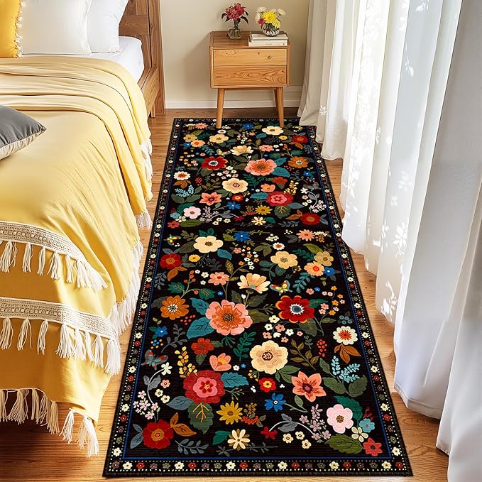 RELEANY Floral Nursery 2x8 Area Rugs Washable Print Boho Cute Carpet Non Slip Flower Low Pile for Living Room Kids Girls Playroom Bedroom Kitchen Office Farmhouse-Black