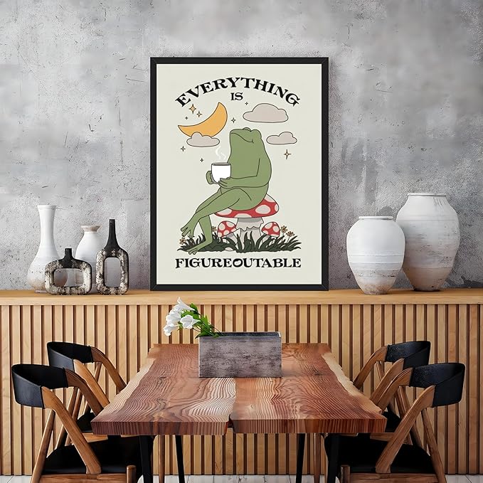 Licpach Cute Frog Wall Art Everything Is Figureoutable Quote Poster Motivational Wall Decor Canvas Print Inspirational Painting for Office Living Room Positive Mindset Picture 24x36inch Black Frame