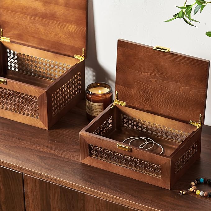 Decorative Rattan Storage Boxes Solid Wood Woven Baskets Bins with Lid Keepsake Memory Jewelry Box Natural Boho Shelf Wicker Closet Desk Organizer Container (Walnut Color, Large Size)